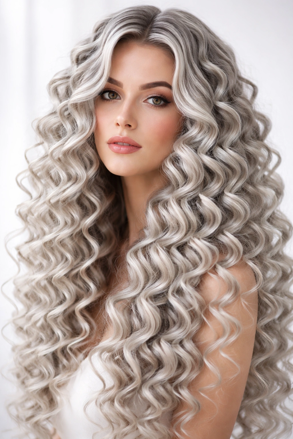 Close-up of silver hair with tight spiral curls