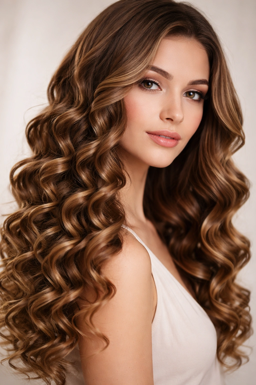 Medium barrel spiral curls with helical pattern on straight hair