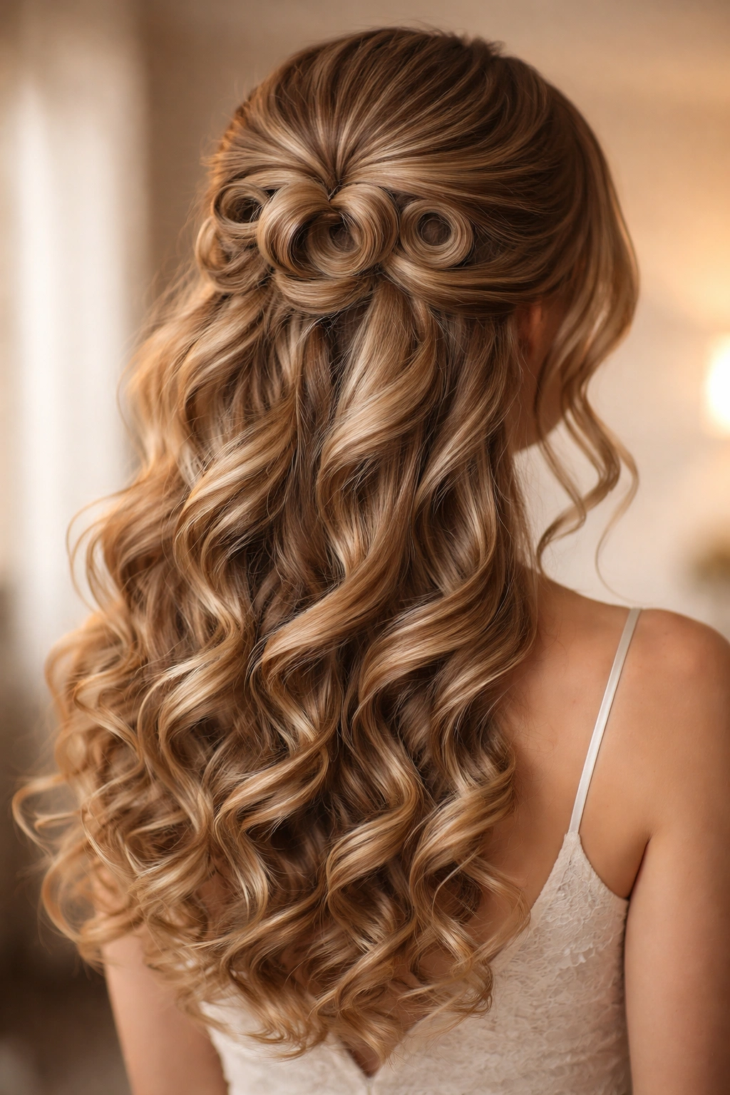 Back view of spiral curled half-up hairstyle with multiple spirals