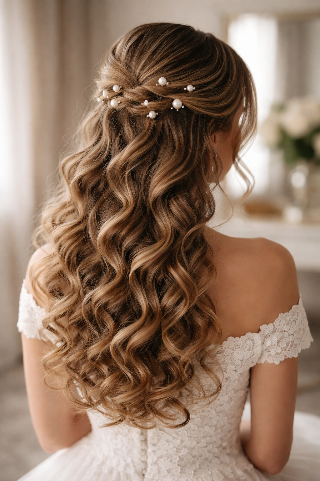 Half-up hairstyle with spiral curls and visible pearl pins