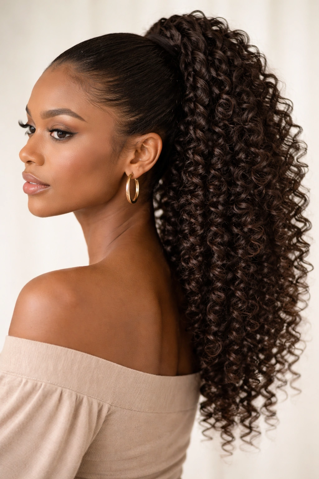 Drawstring pony with visible spiral curls from mid-length to ends