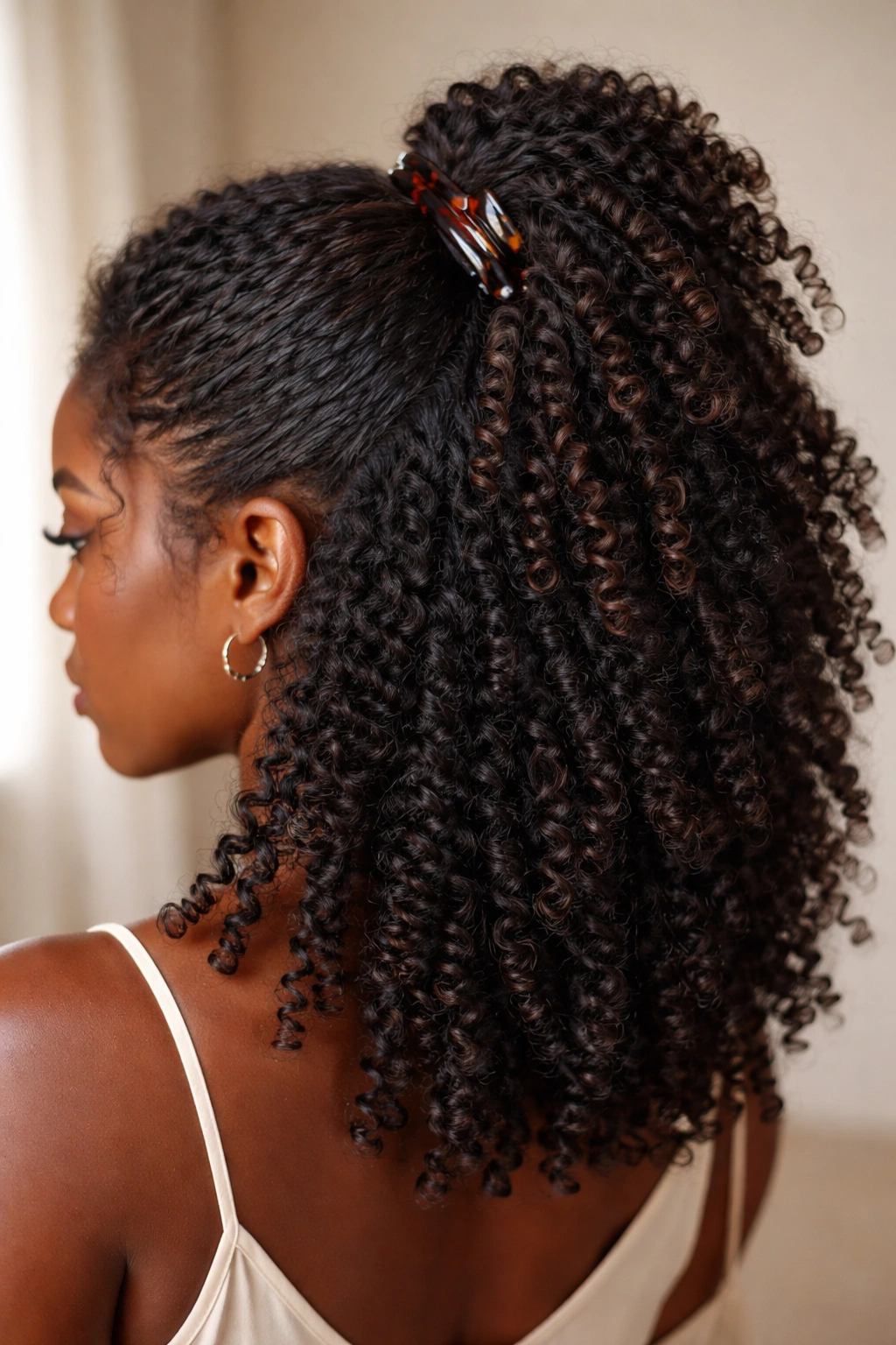 Spiral curls showcased in a gathered section with defined coils and loose hair around