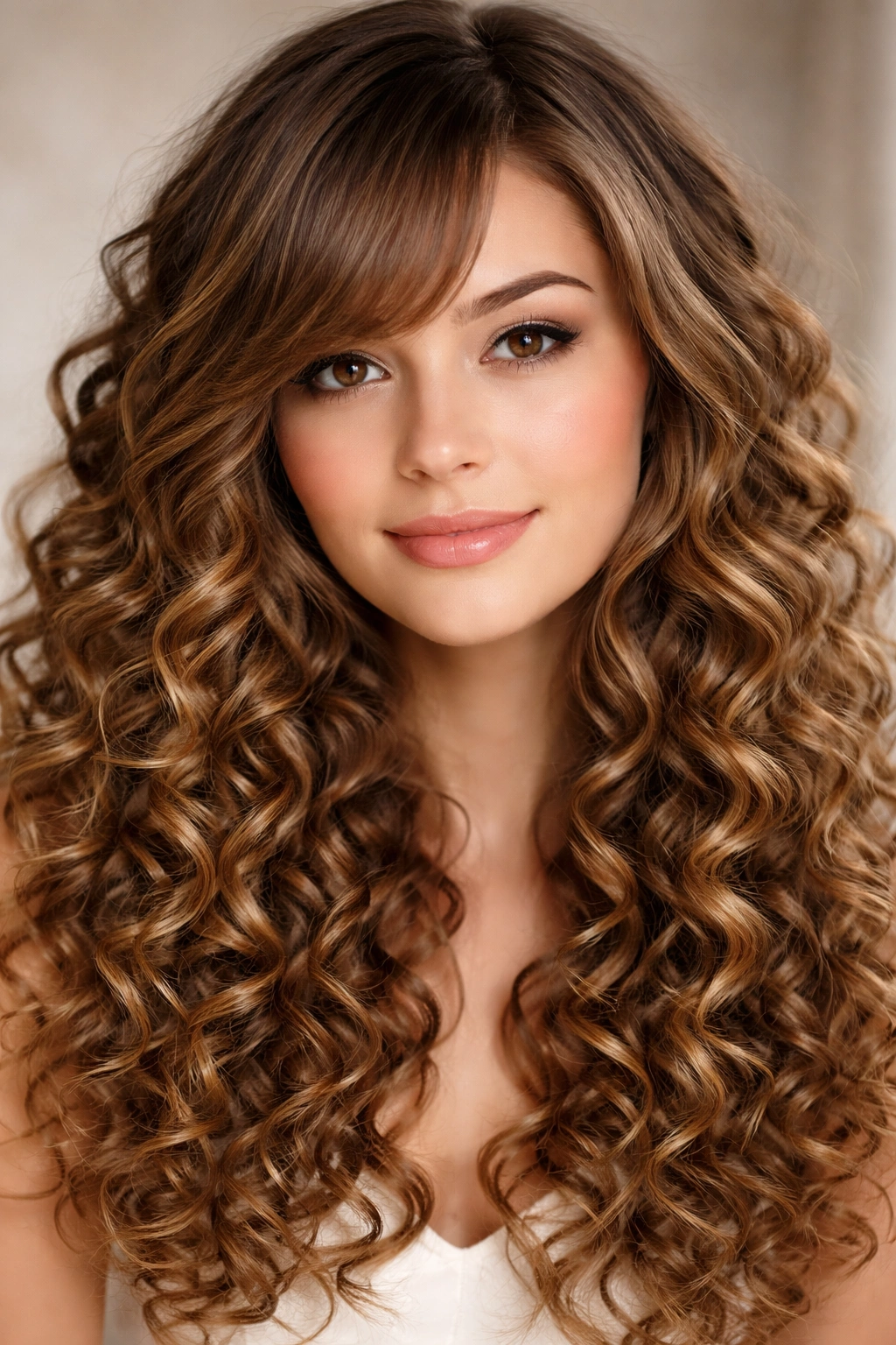 Close-up of spiral curls with soft side bangs on a model, studio lighting.