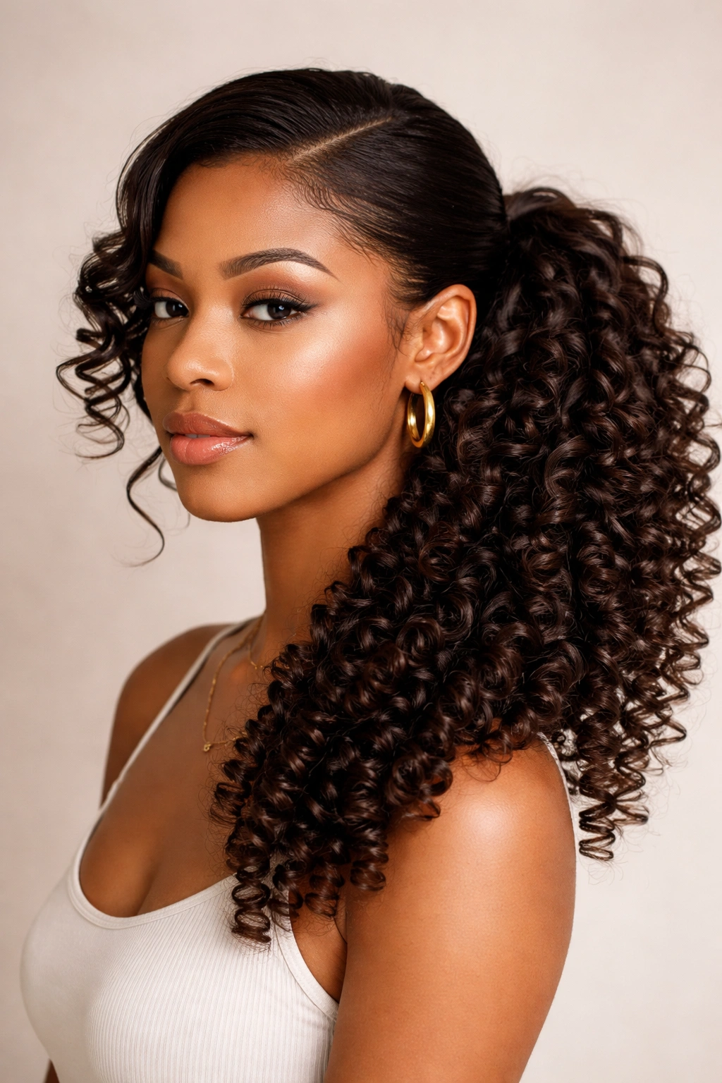 Spiral curls in a side ponytail with defined spirals