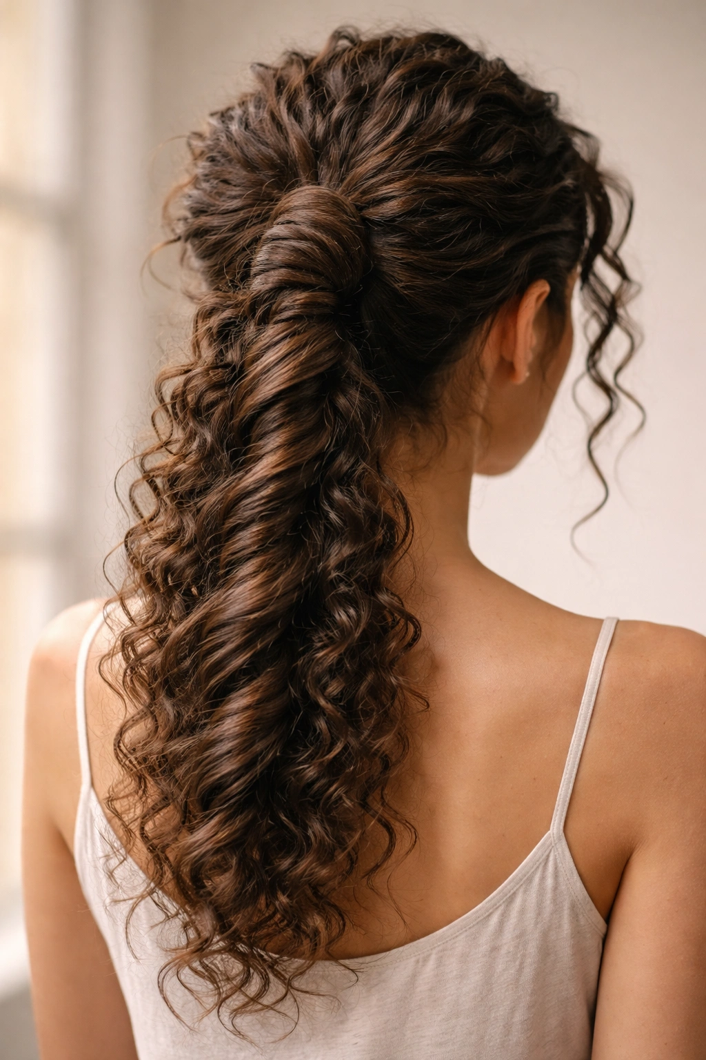 Twisted spiral curly ponytail wrapped around base in sculptural coil