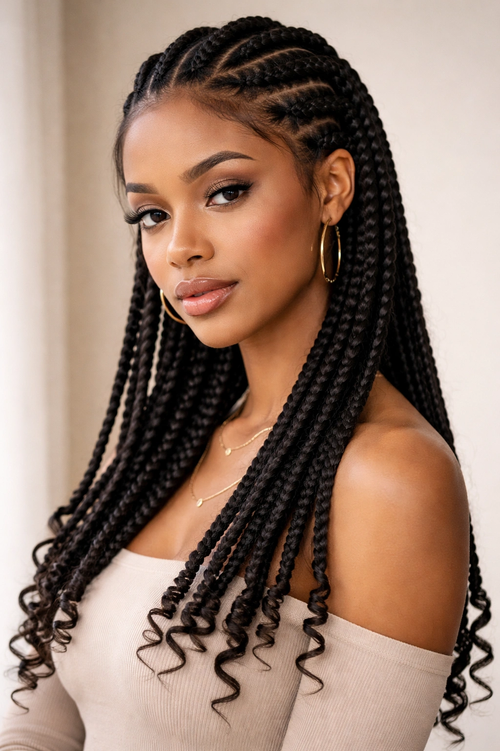 Goddess braids with spiral coil ends on straight hair.