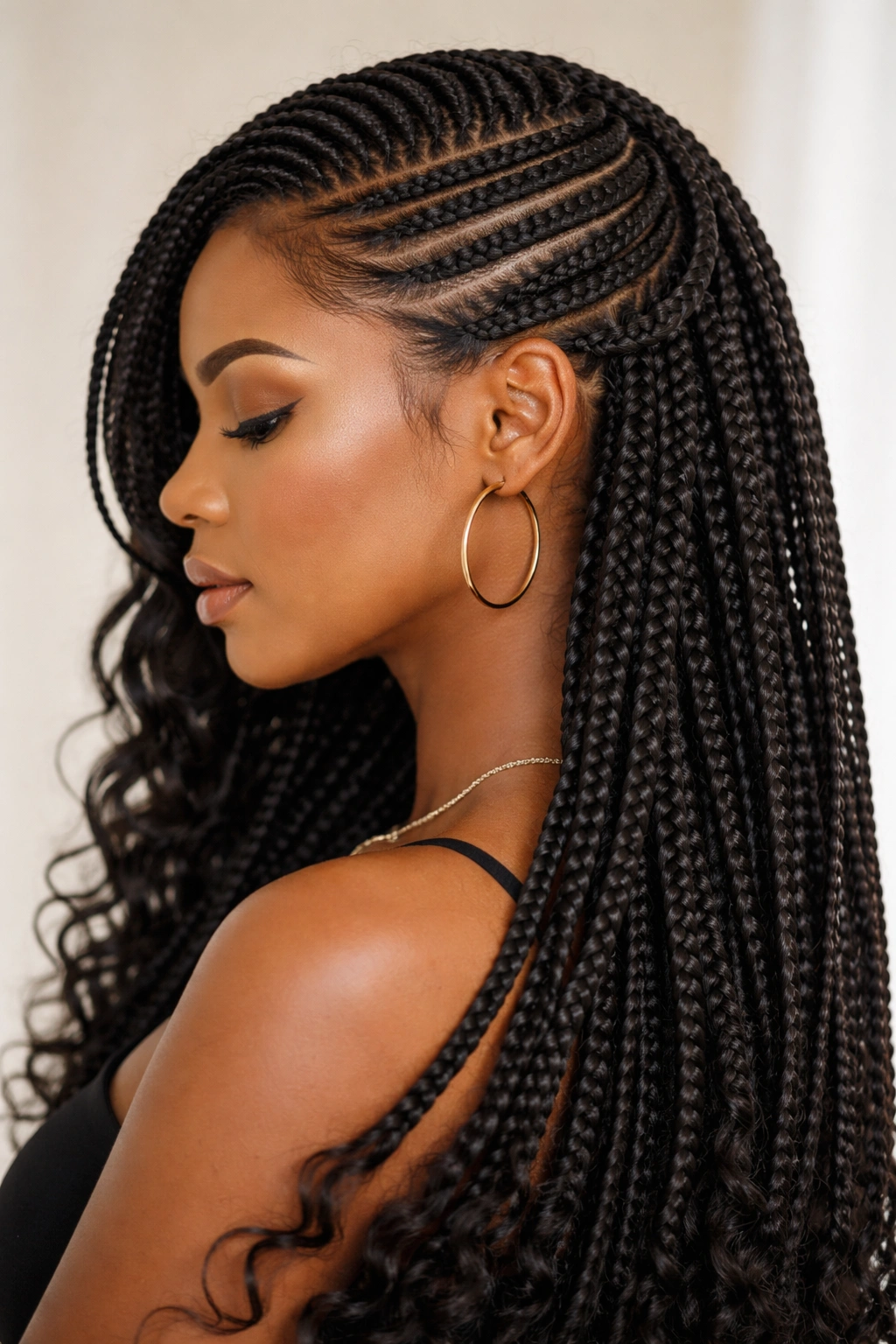 Side profile showing spiral flat twists turning into cascading box braids