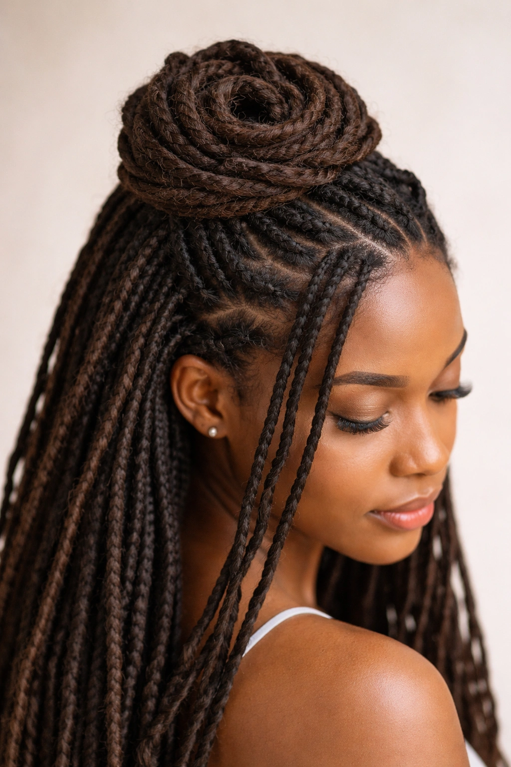 Spiral half-up bun with visible spiral ridges created from gathered locs.