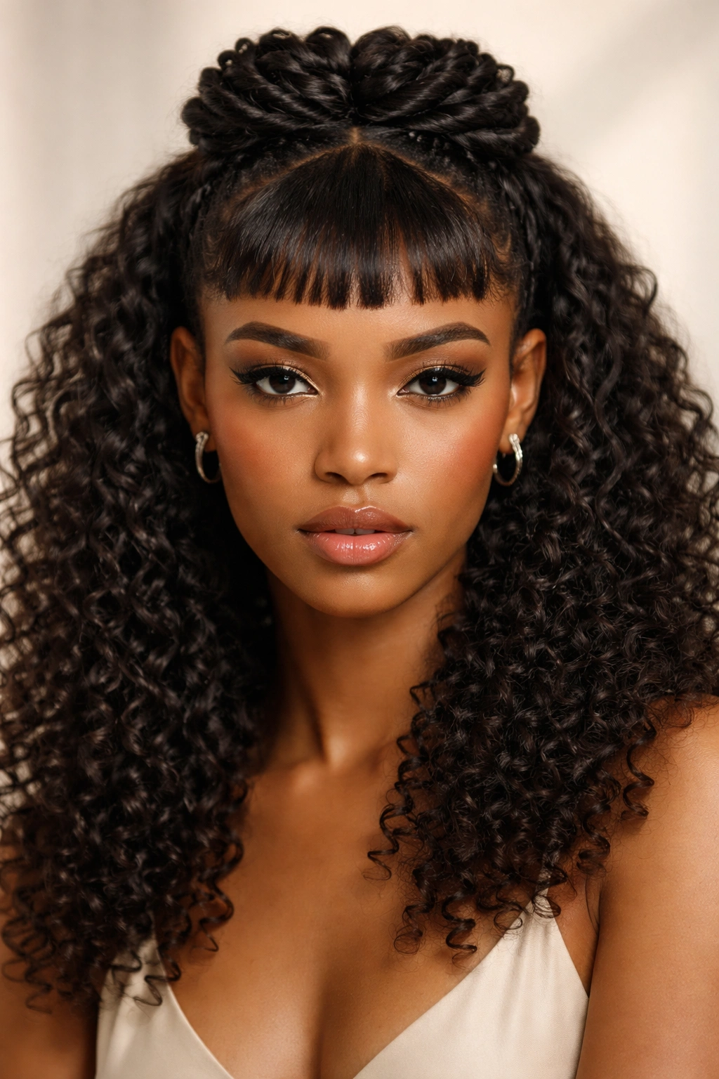Crown spirals with micro bangs creating a bold editorial look
