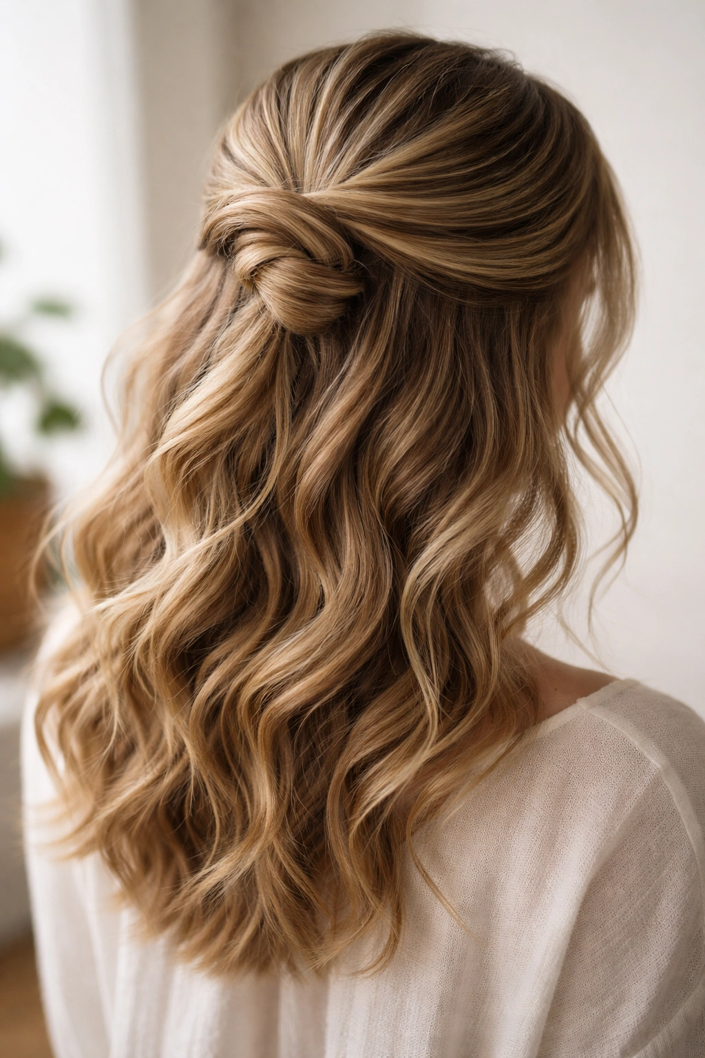 Spiral half-up hairstyle with textured waves