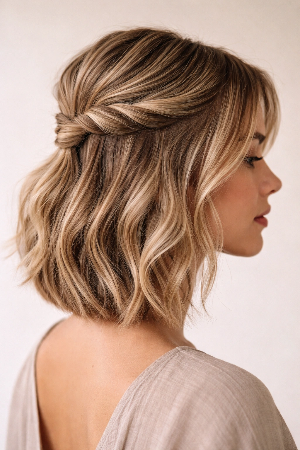 Spiral half-up hairstyle with wrapped elastic detail