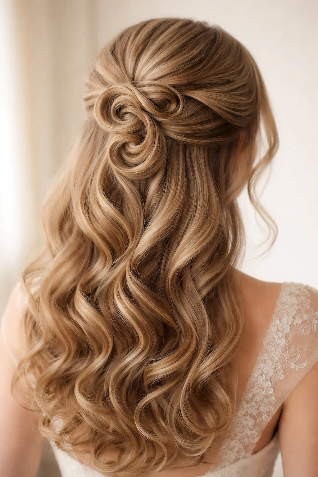 Close-up of spiral half-up with pinned curls for dimensional texture