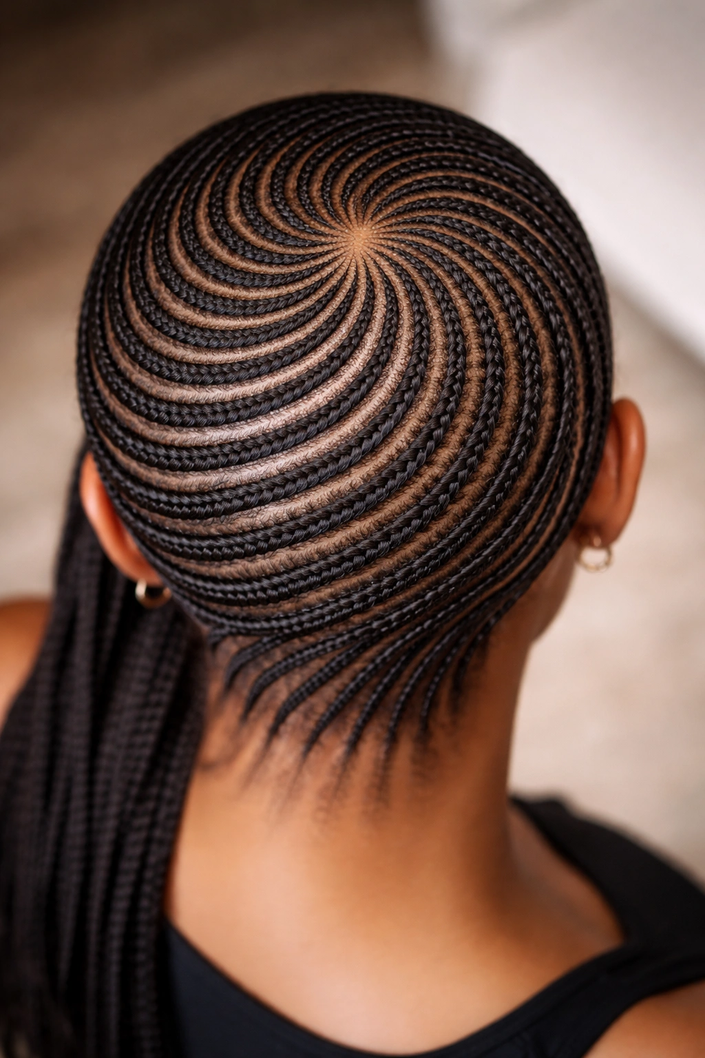 Top-down view of micro cornrows in a spiral pattern around the crown