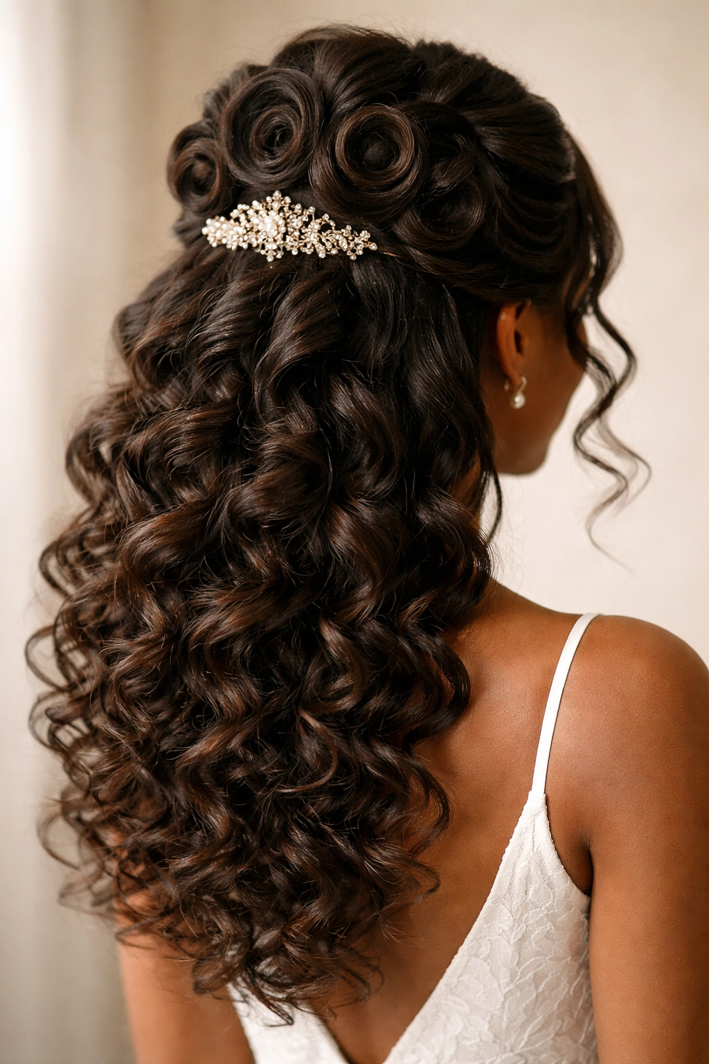 Spiral pin curls half-up hairstyle with vintage comb