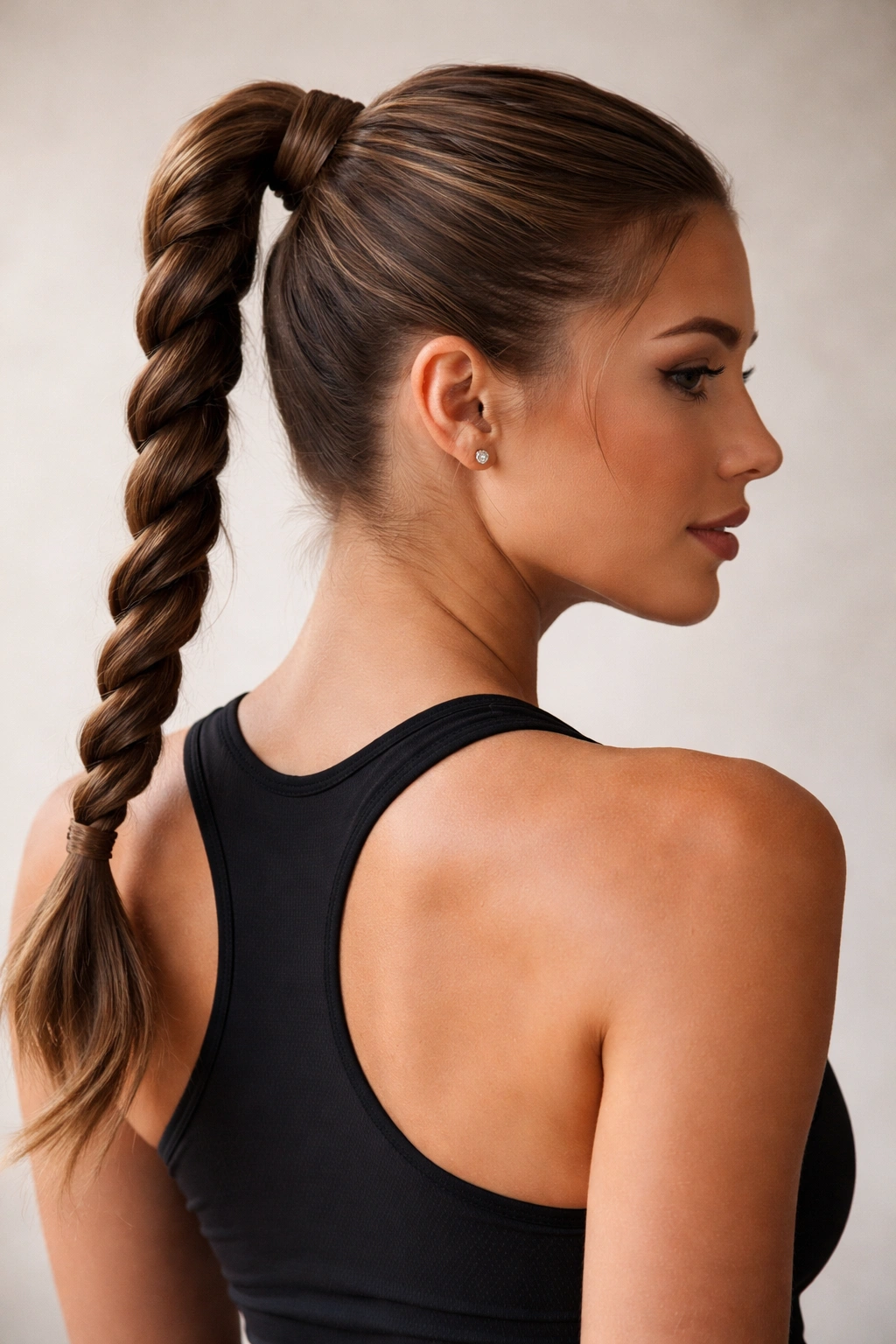 Spiral ponytail with a base lock wrap and pins creating a coiled silhouette