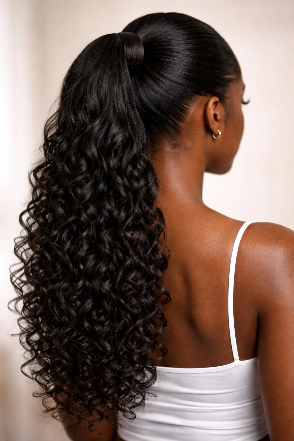Back view of a ponytail with a wrapped base concealing the elastic