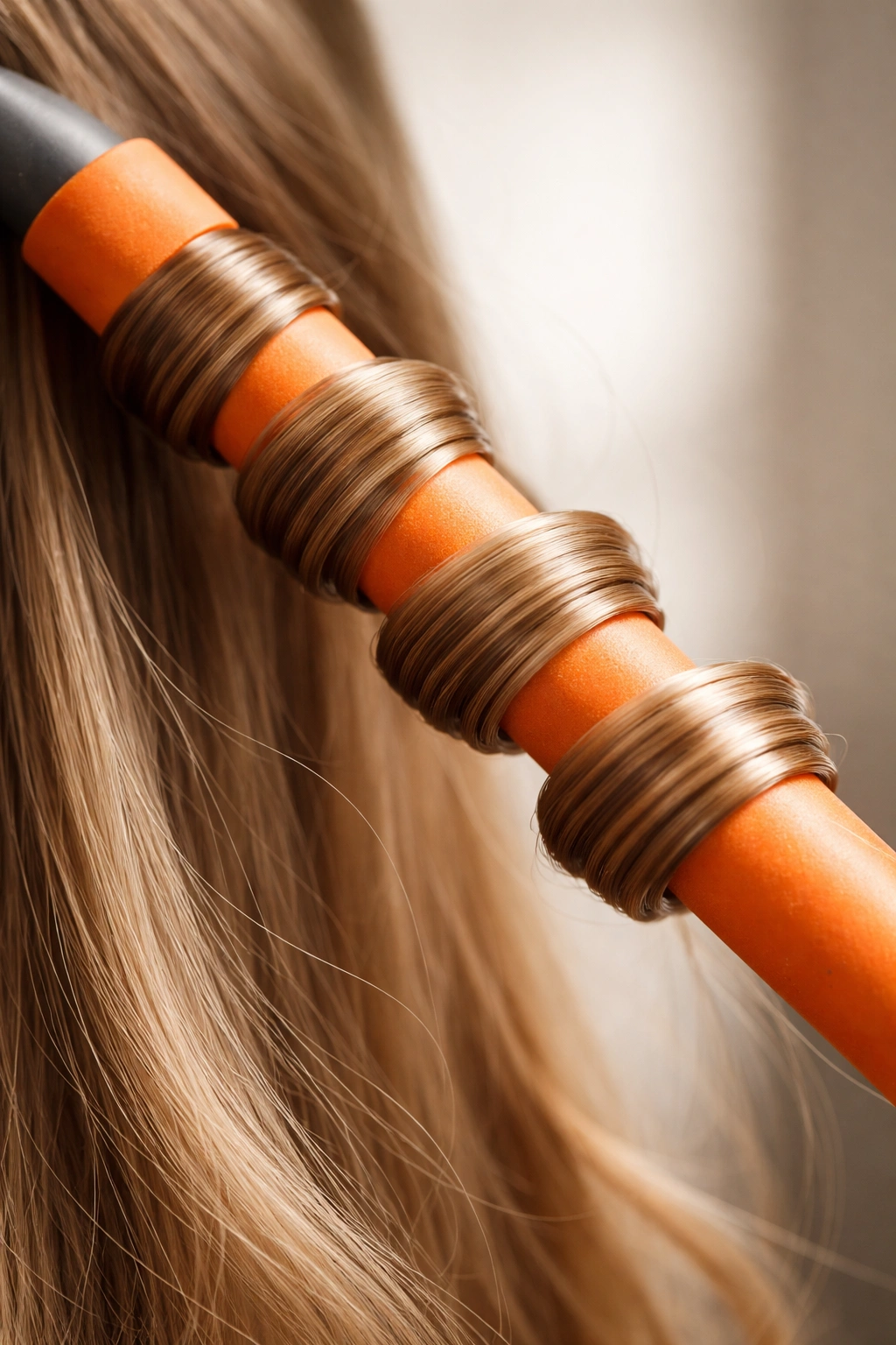 Close-up of spiral-wrapped hair around a flexi rod forming defined ringlets