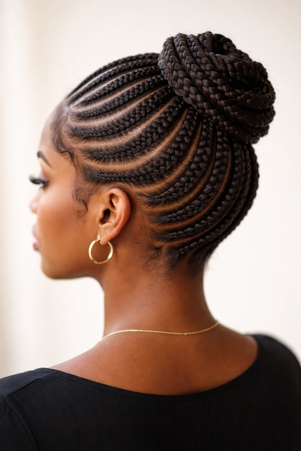 Spiral stitch cornrow updo with circular braids around the head