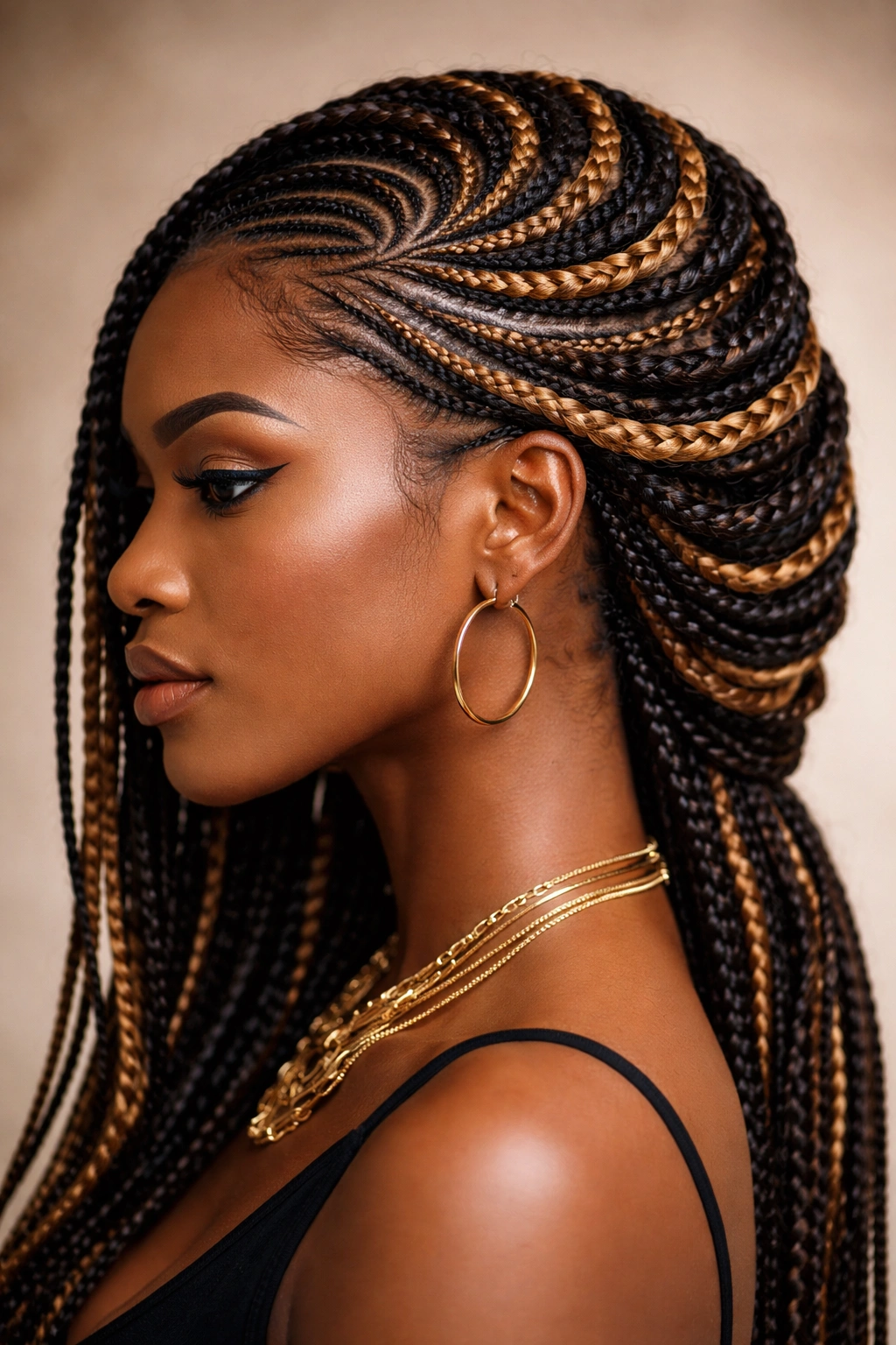Spiral twist braids forming flowing spiral patterns on the scalp
