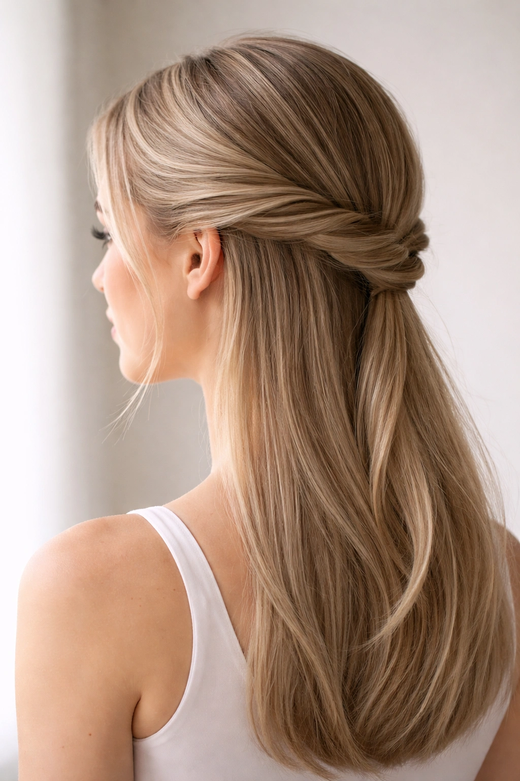 Profile view of straight hair with a spiral twist forming a soft halo and a low gather.