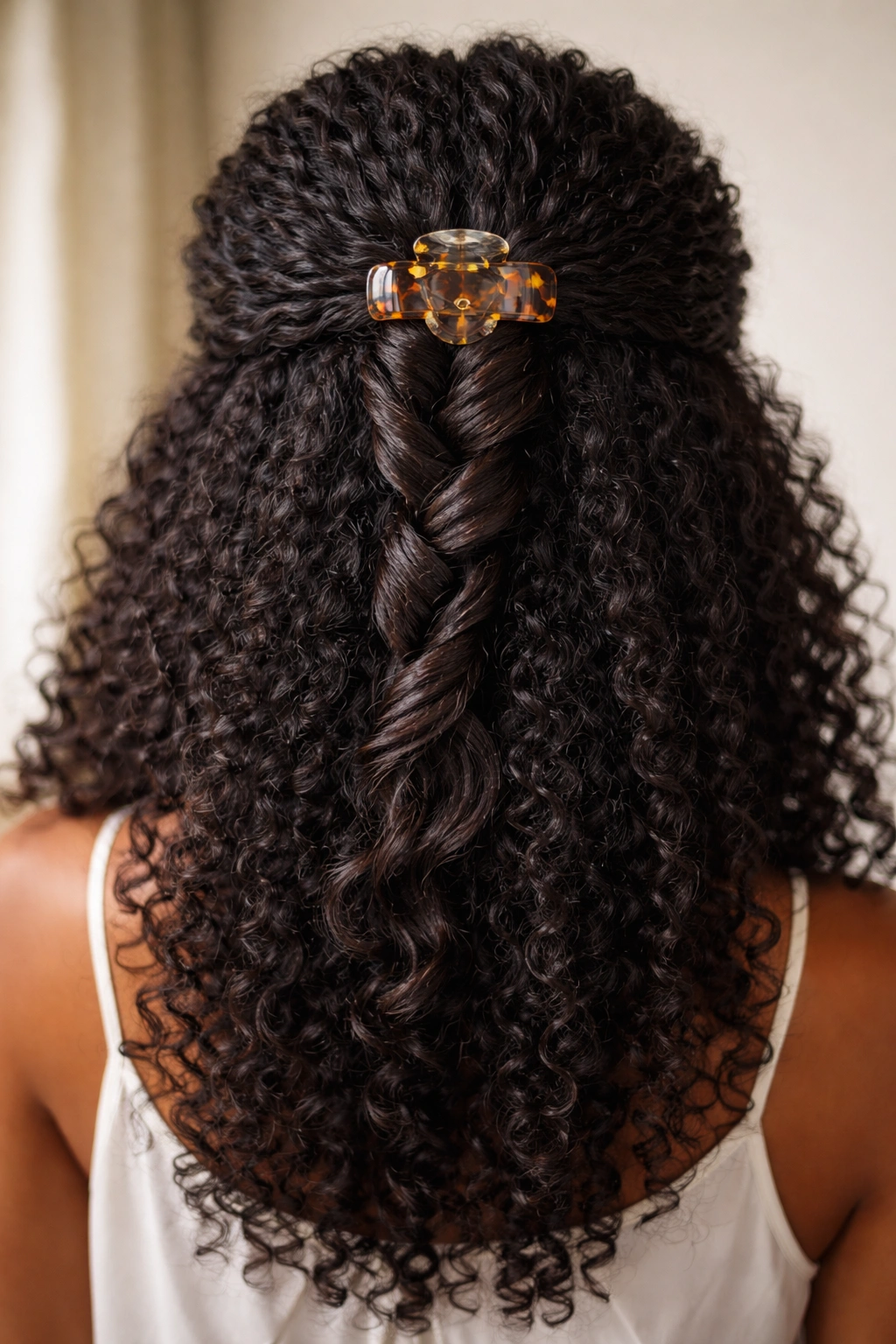 Back view of spiral twist half-up with dimensional shine