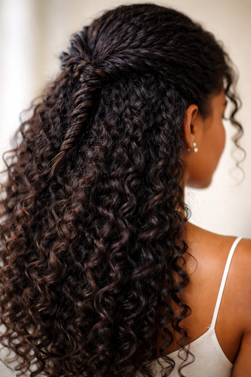Spiral corkscrew twist half-up hairstyle