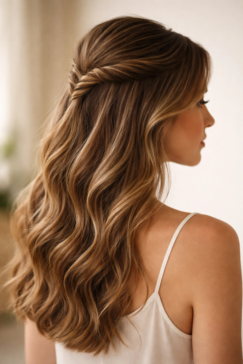 Spiral twist half-up hairstyle with curling spiral along temple