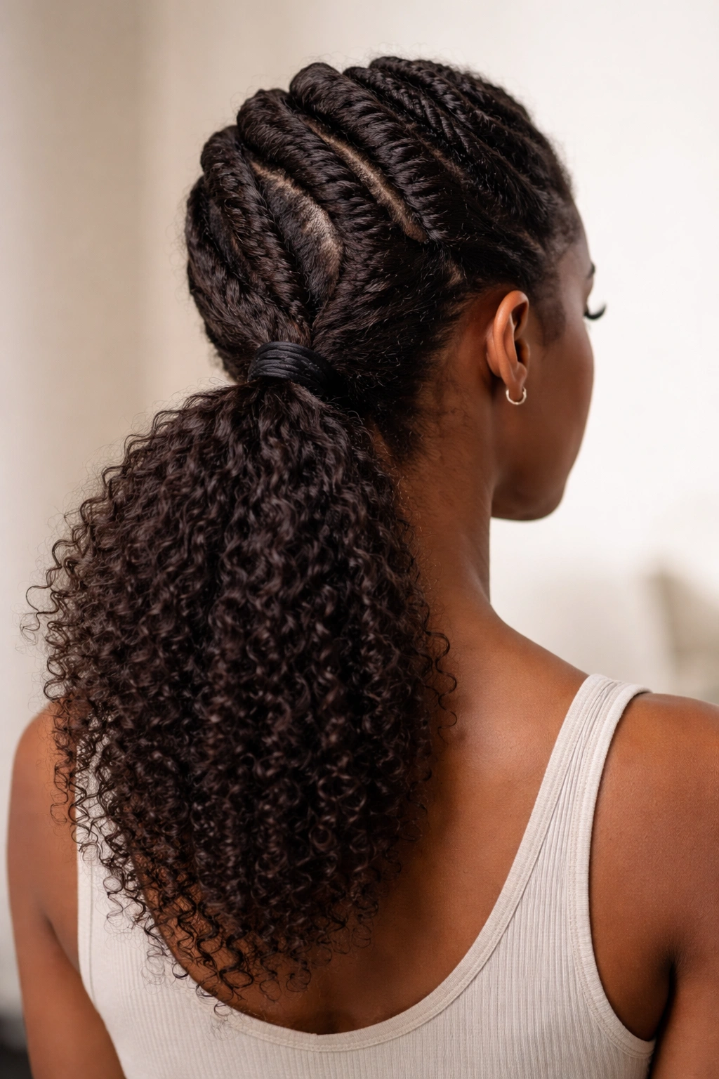 Spiral twist ponytail with spiraling sections converging into a single ponytail