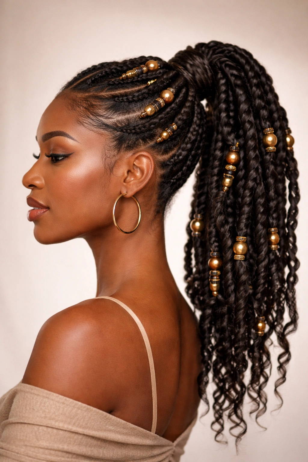 Spiral twist ponytail with beads along spirals in side view