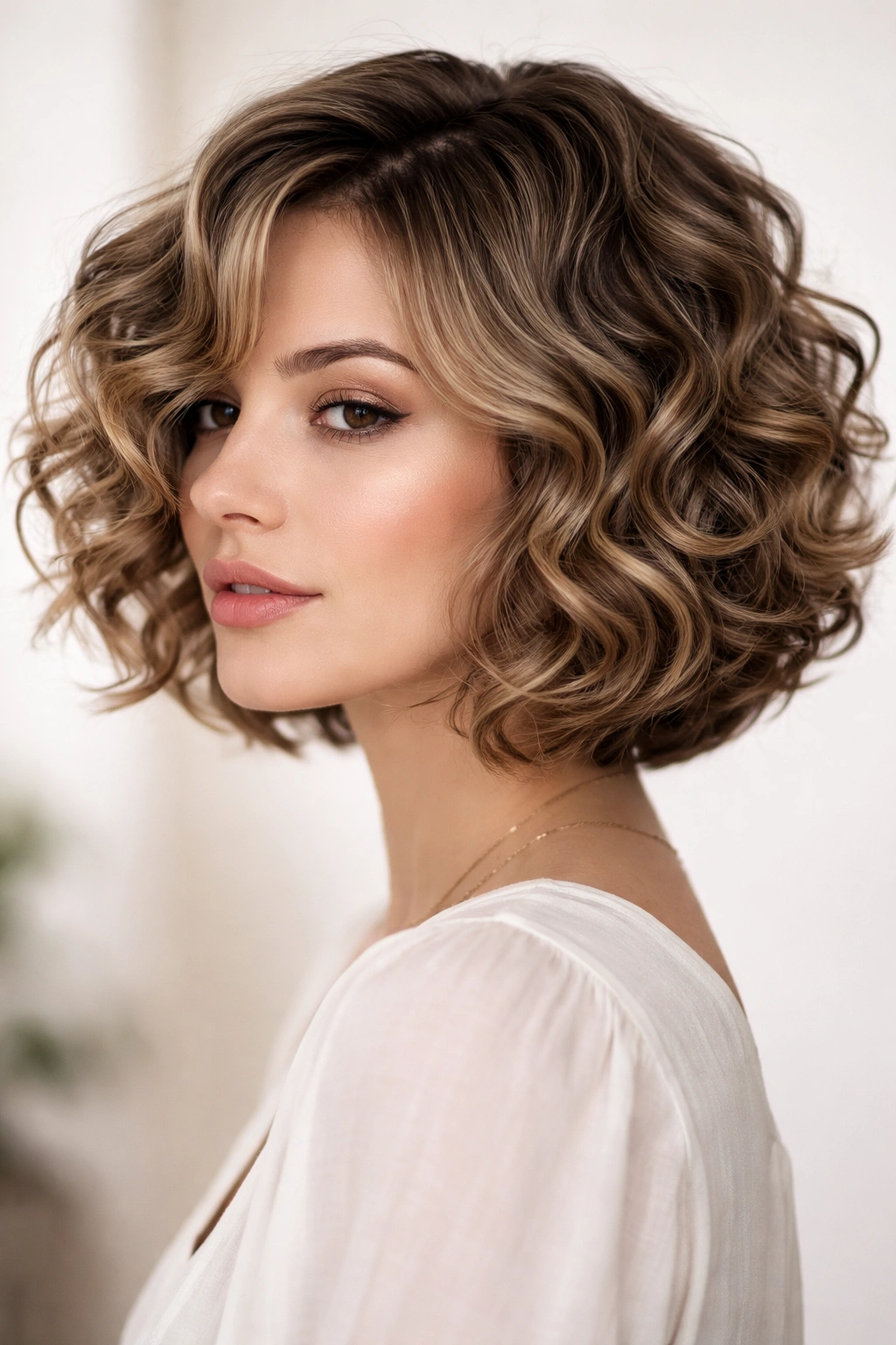 Close-up of a bouncy spiral wave bob highlighting springy curls and layered texture