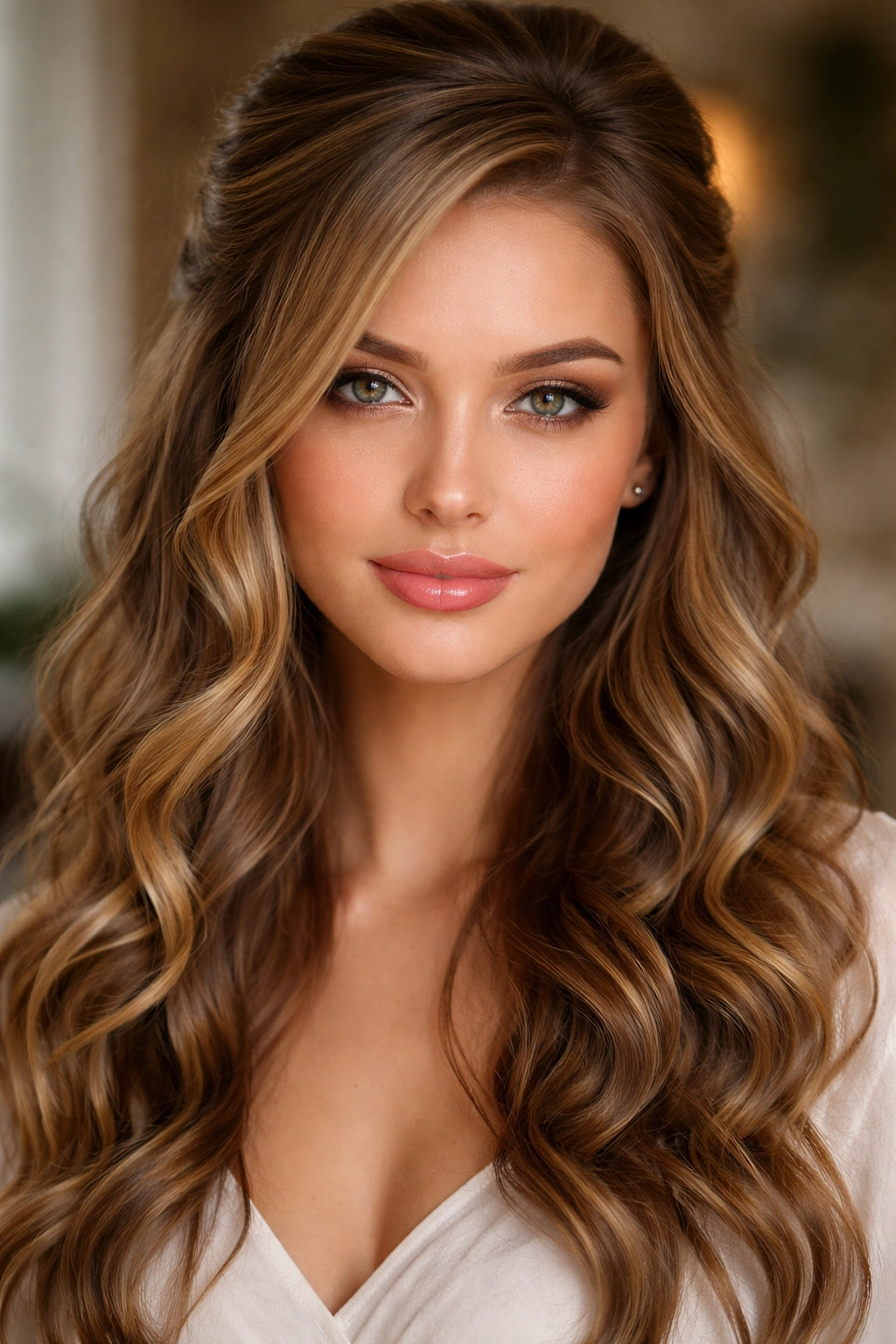 Front portrait with swoop and spiral face-framing waves