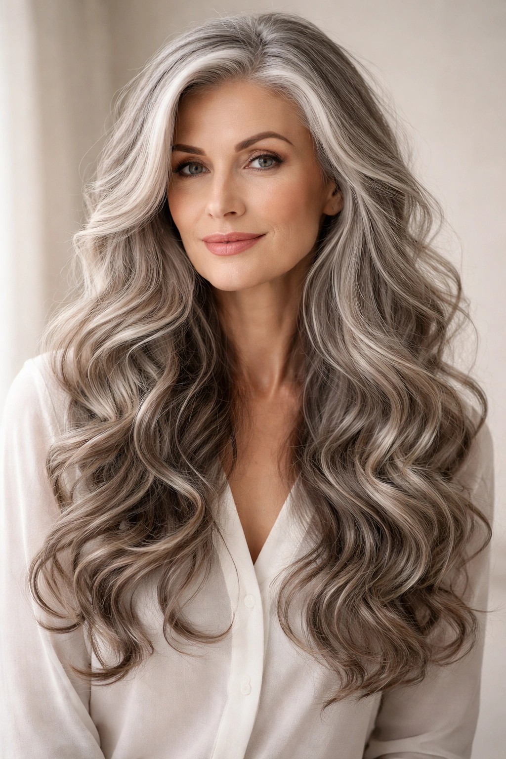 Portrait of long gray hair in loose spiral waves with base volume.