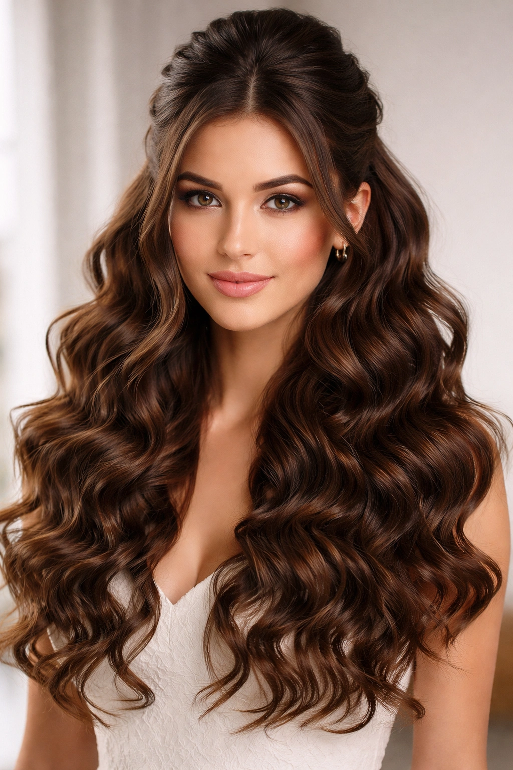 Half-up hairstyle with defined spiral waves on brown hair