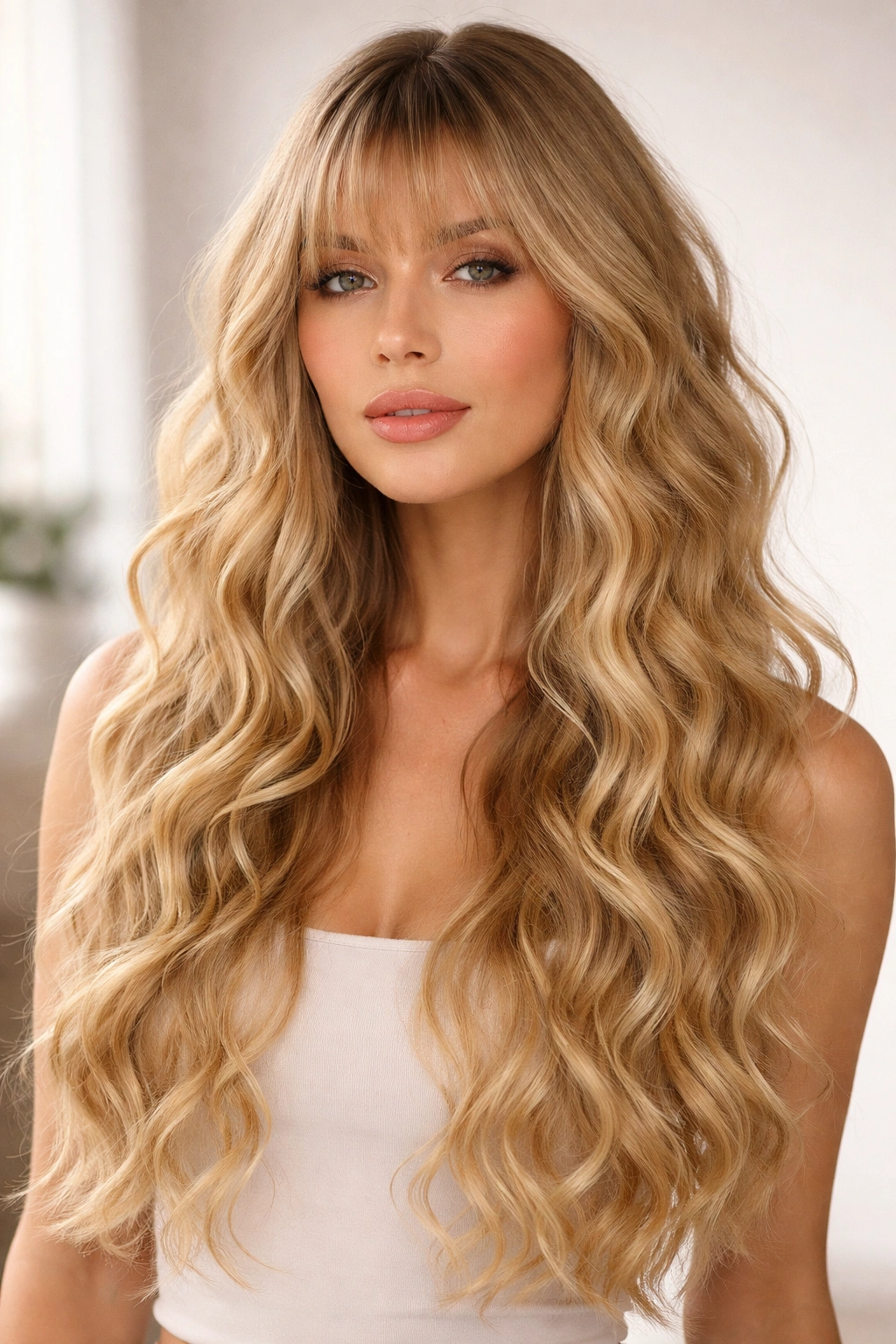 Long spiral blonde waves with soft wispy bangs.