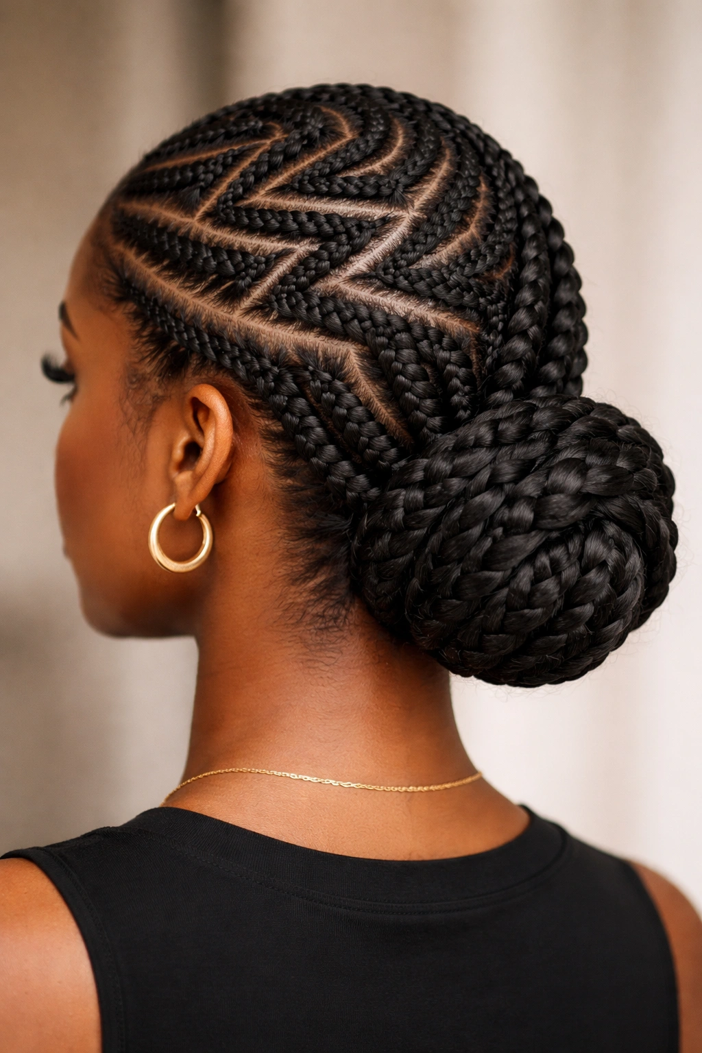 Spiral zigzag cornrows forming a braided bun