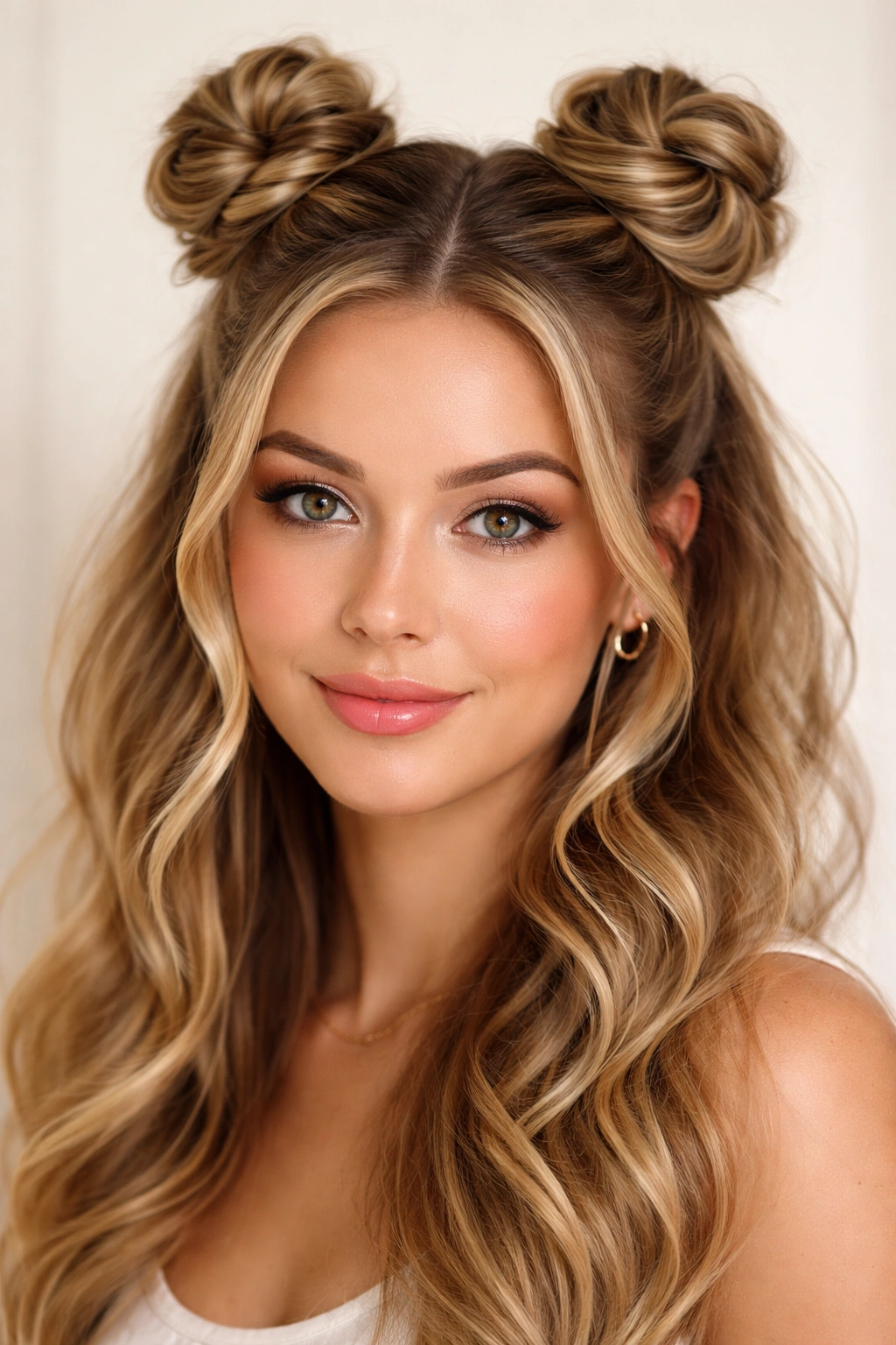 Close-up of hairstyle with two spiraled buns and visible coil pattern
