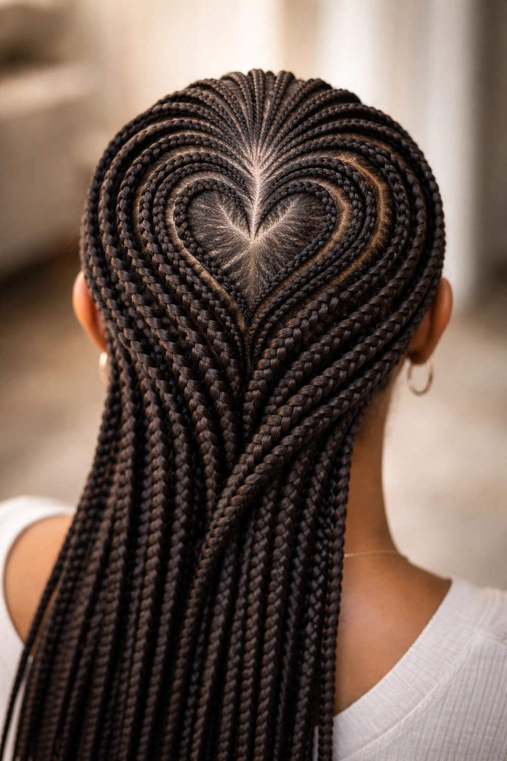 Spiraling braids forming a three-dimensional heart motif on the crown