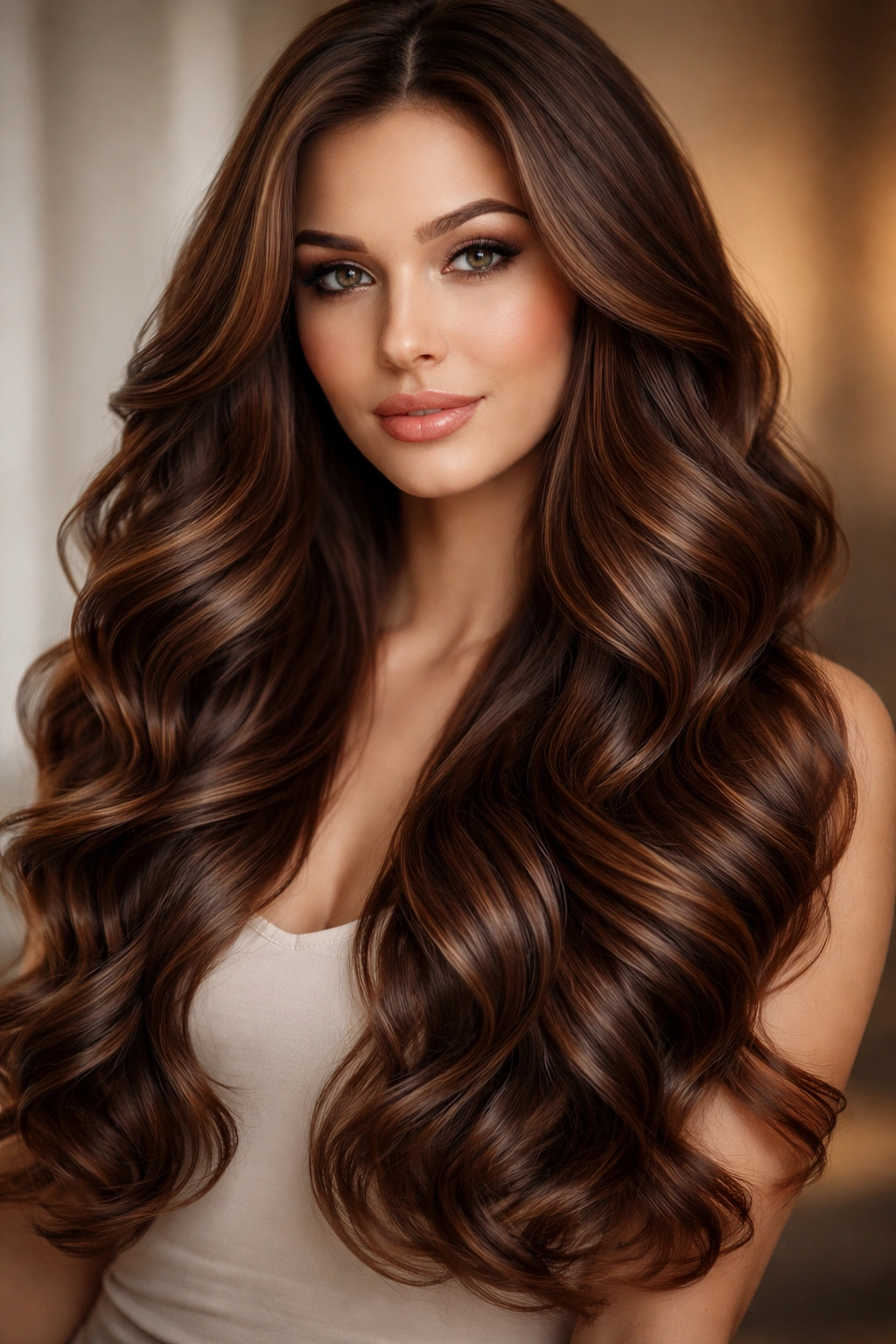 Long chocolate brown hair in loose spiral waves with dimensional highlights