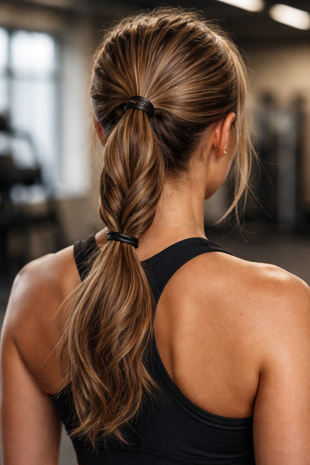 Split ponytail with two twisted sections around the base