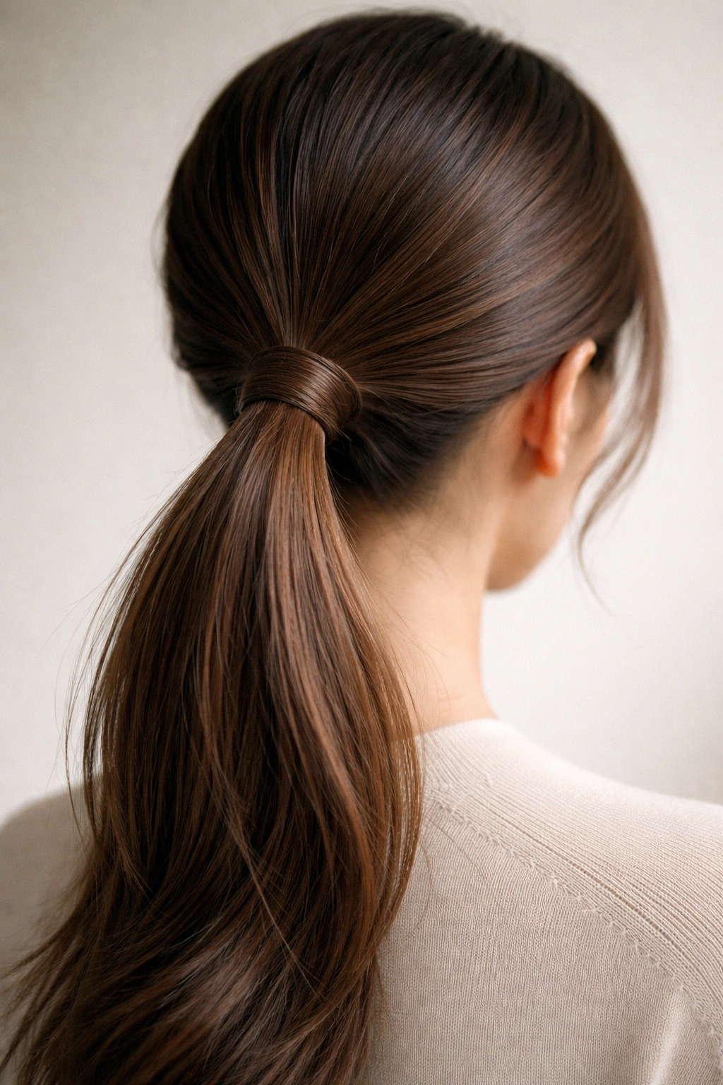 Ponytail with split wrap showing two crossing wraps around the base