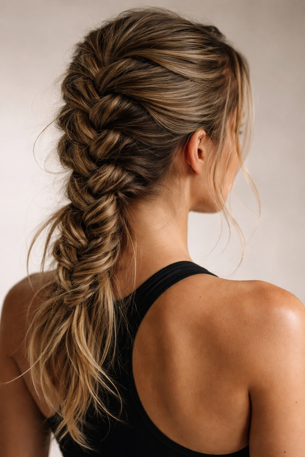Close-up of a sporty, messy French braid with loose strands on a high crown