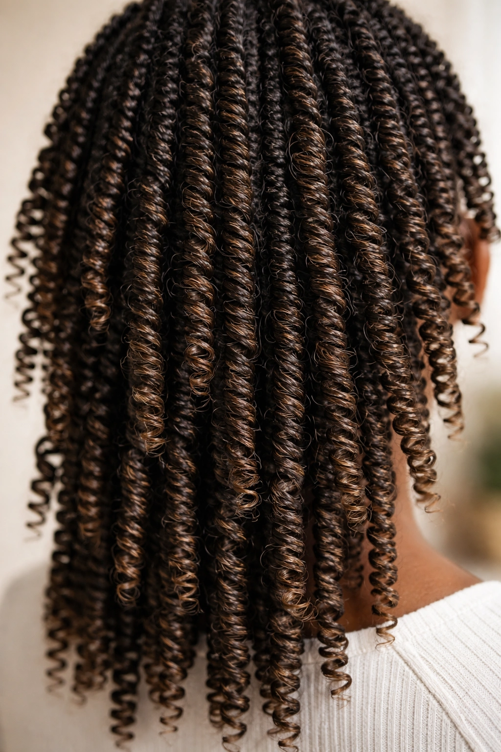Close-up of spring twists on 4C hair showing spiral texture