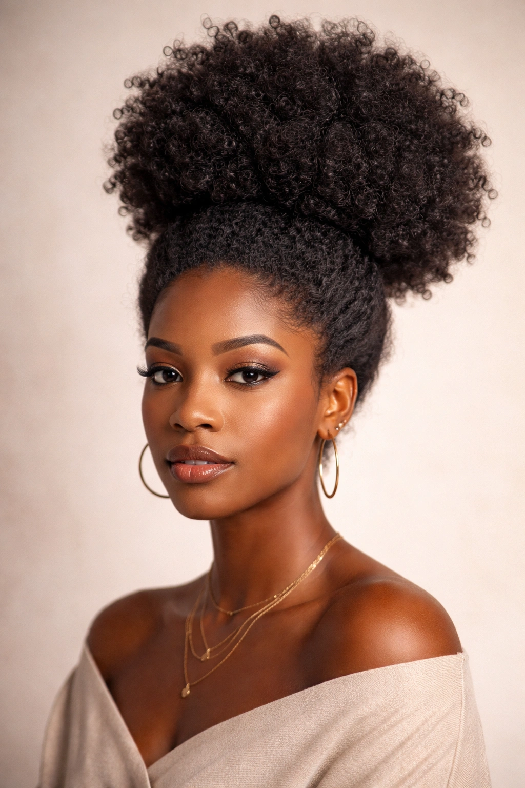 Stacked afro puff with voluminous crown and textured coils
