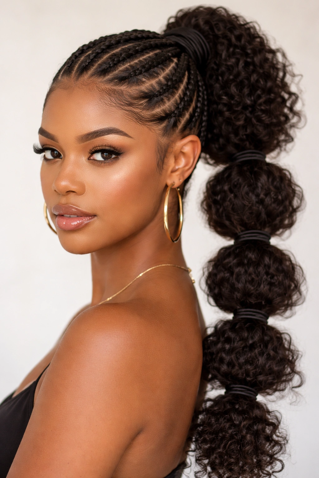 Stacked feed-in braids into a bubble ponytail with elastic bands on curly hair