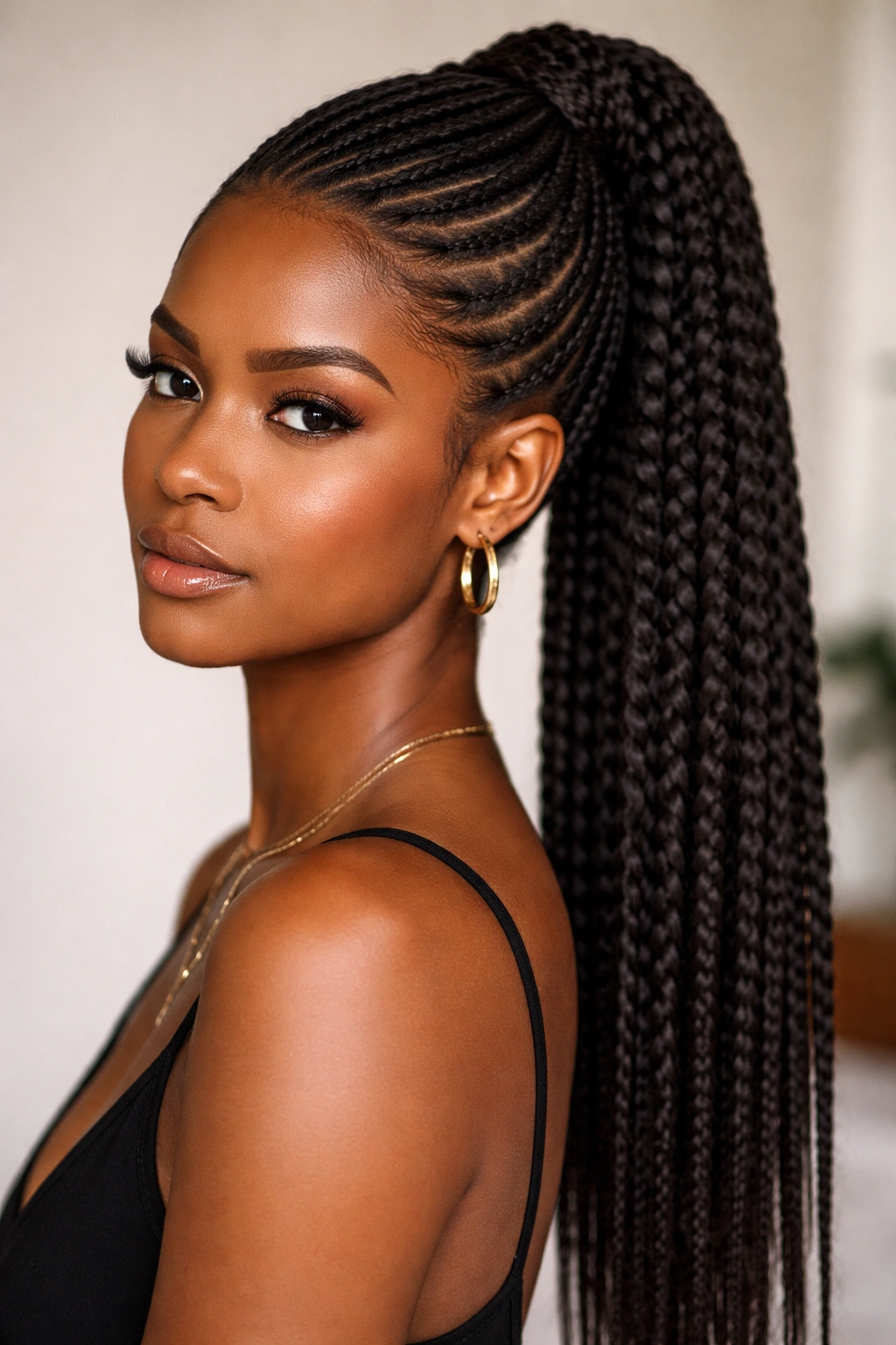 Stacked braids creating texture in a voluminous ponytail