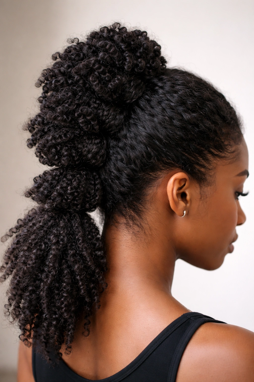 Close-up of stacked bun ponytail with multiple coil buns at the crown.