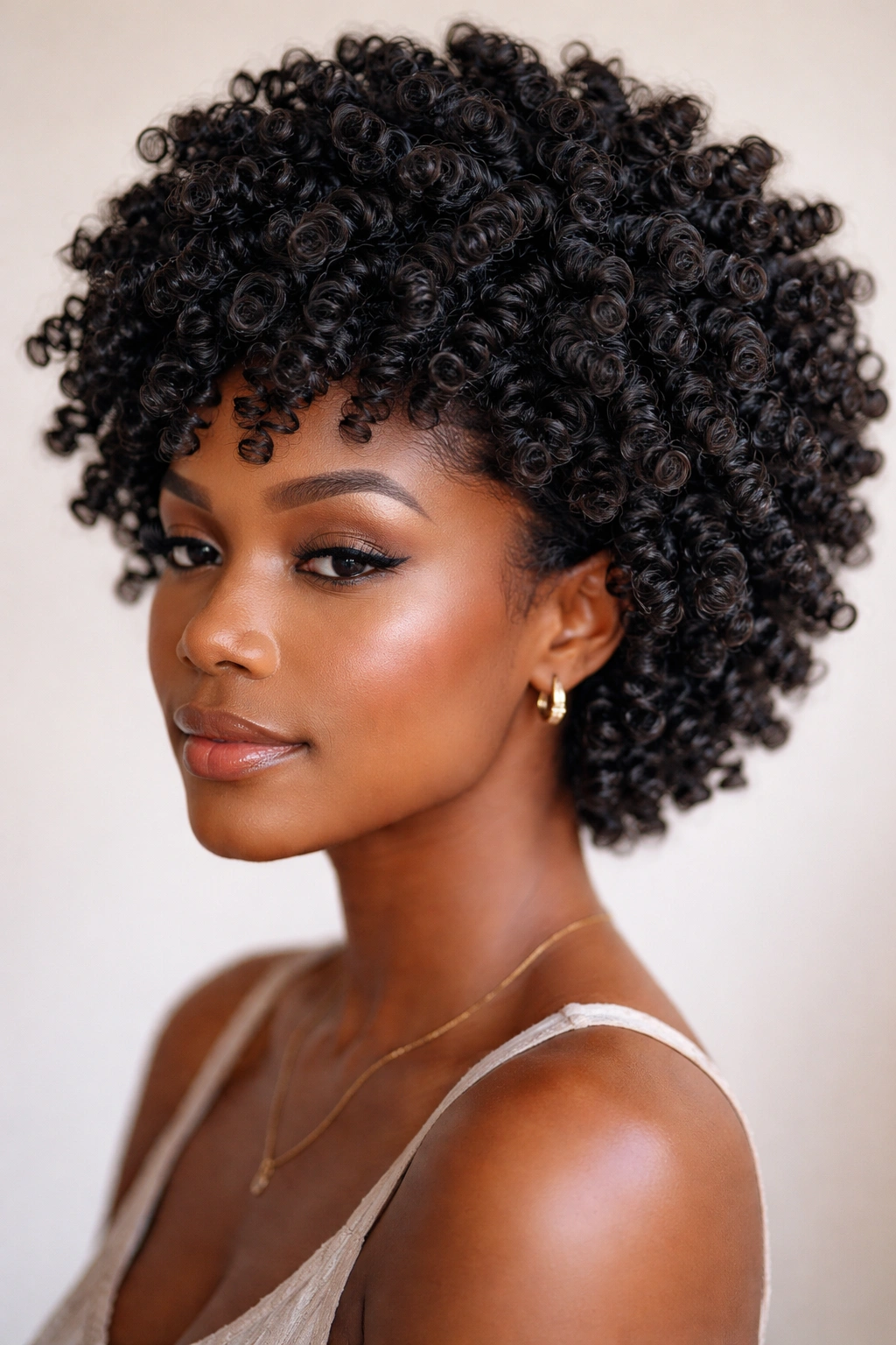 Stacked coil curls forming a rounded sculpted silhouette
