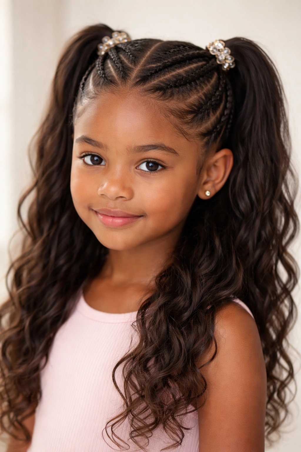 Portrait of a child showing stacked horizontal cornrows descending toward the back