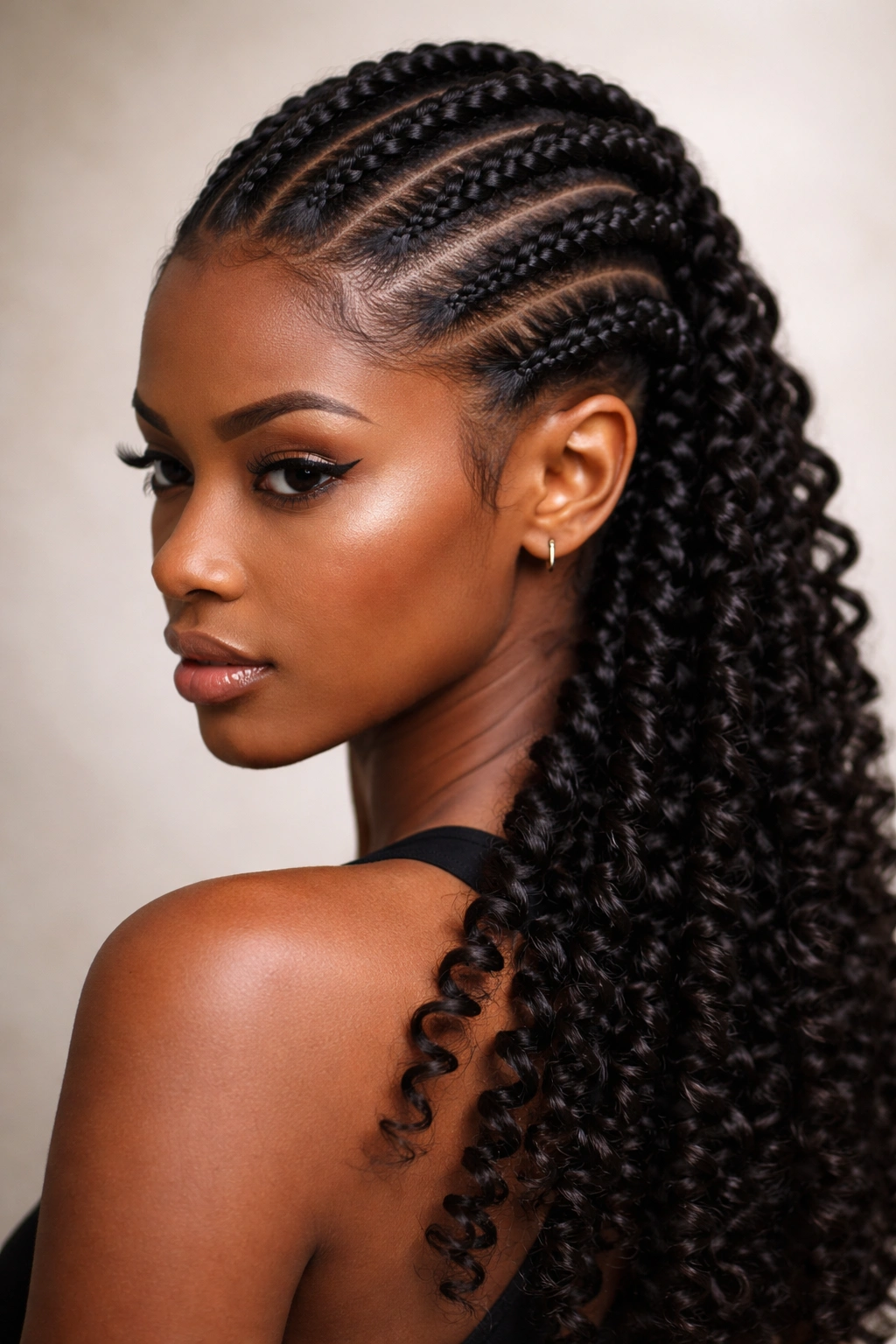 Stacked cornrows with exposed coils at the ends on dark hair