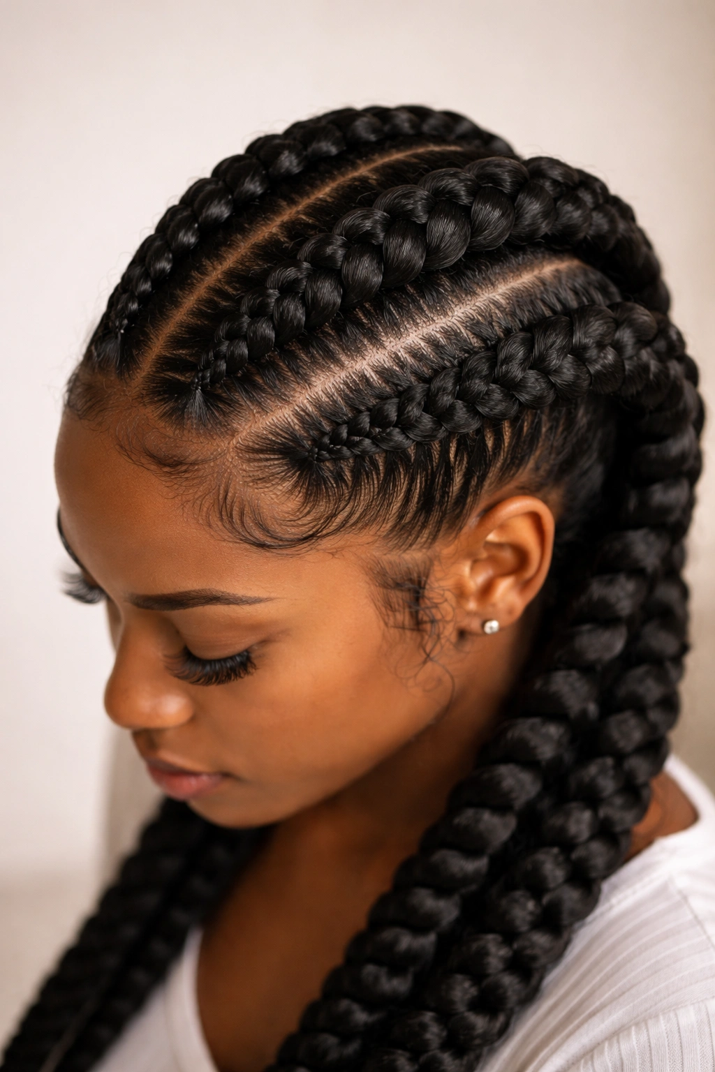 Stacked feed-in cornrows with two to three thick braids across the scalp